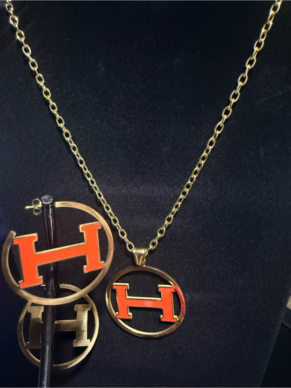 Gold Tone Necklace & Earrings Set with Orange 'H' Accents